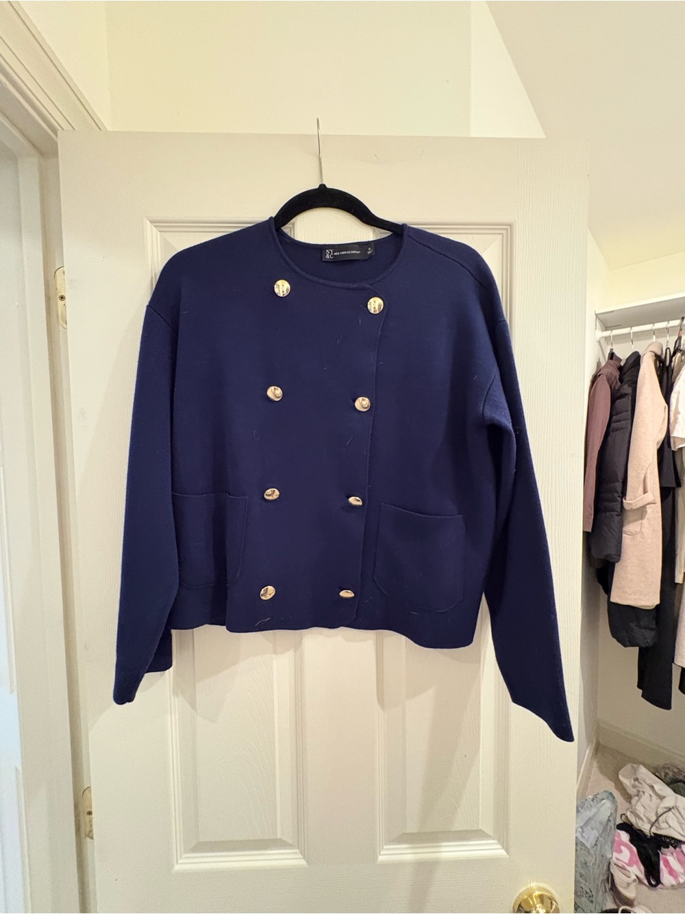 New York & Company Navy Double-Breasted Gold Button Cardigan
